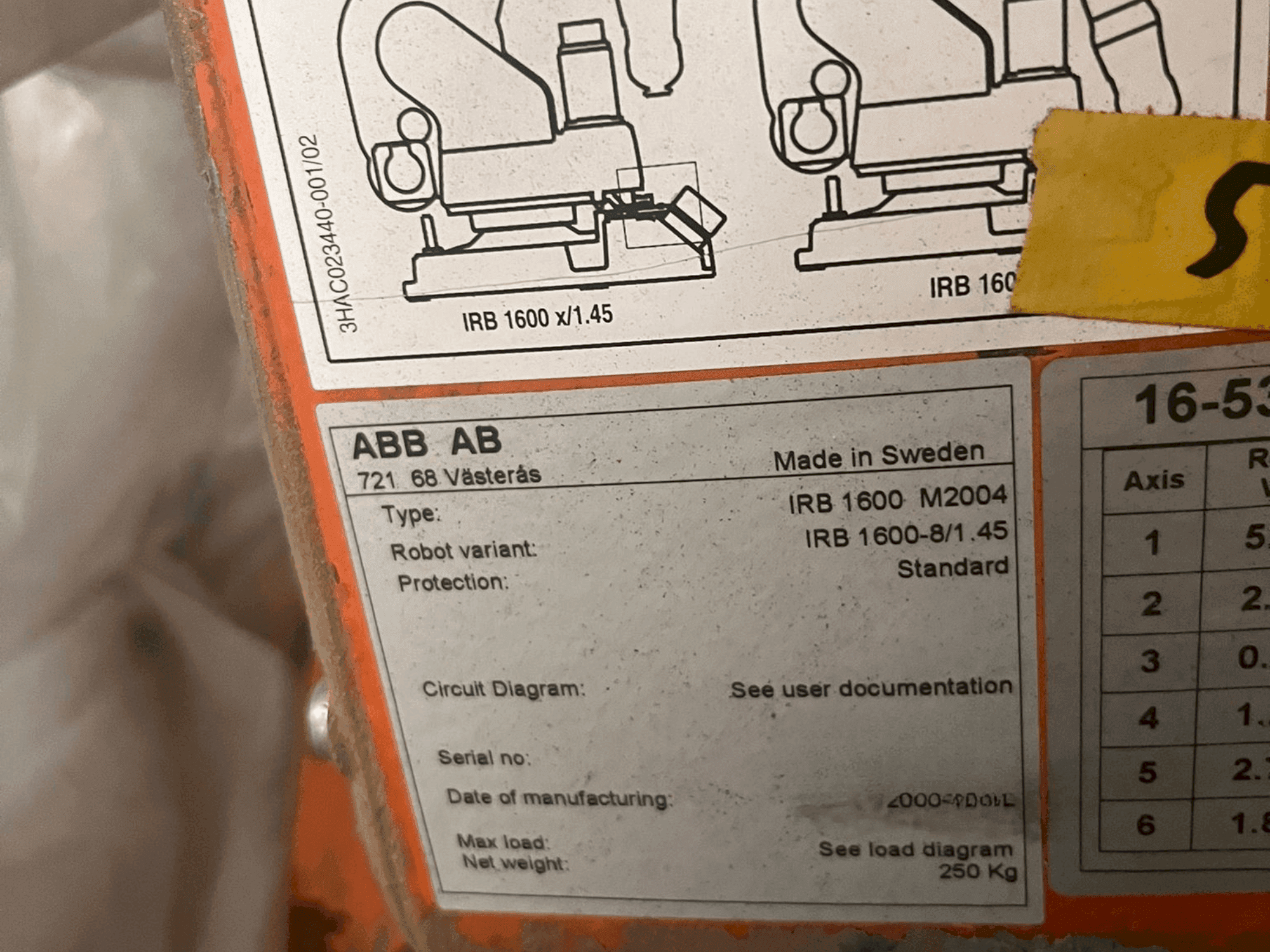Targhetta identificativa della macchina ABB IRB 1600 M2004